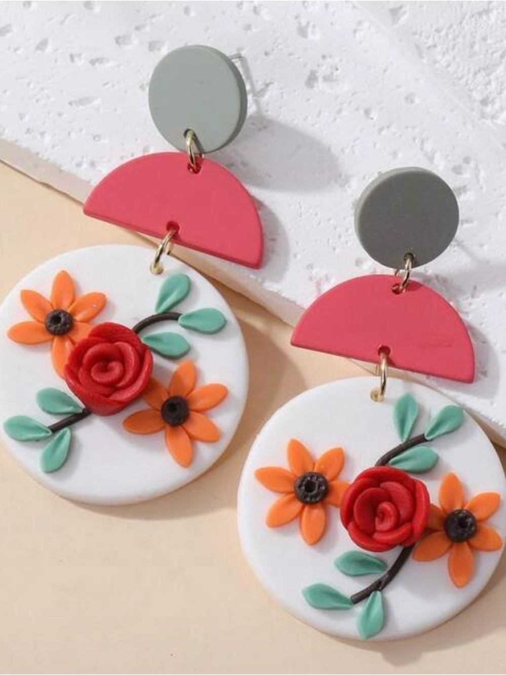 Floral Polymer Clay Dangle Earrings in Red, Orange & Mint